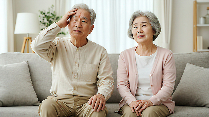 JPG 편집이미지 여자 할아버지 노년 남자 할머니 쿠션 거실 조명 스트레스 앉기 두명 소파 손들기 고통 커튼 찡그림 층간소음 의료성형뷰티 노인만 편집실사 AI인물포토 AI콘텐츠 감정 의자 모션 표정 사람 성인 CG 소음 성인만 파일형식 AI포토