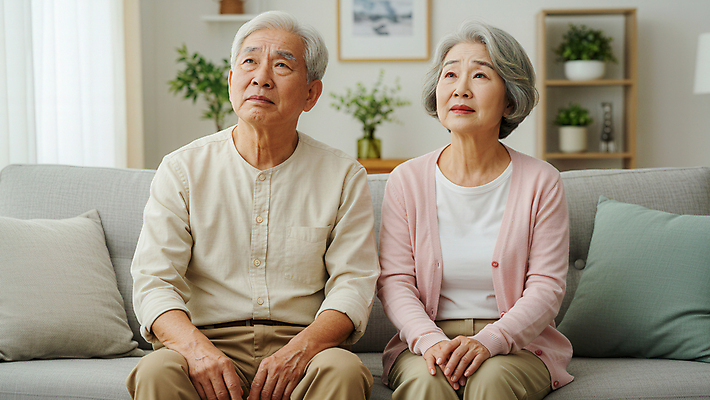 JPG 식물 편집이미지 여자 할아버지 노년 남자 화분 할머니 쿠션 거실 스트레스 앉기 두명 소파 고통 올려보기 커튼 진열장 손모으기 층간소음 의료성형뷰티 노인만 편집실사 AI인물포토 AI콘텐츠 감정 의자 모션 사람 손짓 성인 CG 소음 성인만 파일형식 AI포토