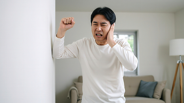 JPG 편집이미지 남자 벽 중년 쿠션 거실 창문 조명 스트레스 한명 상반신 소파 기댐 고통 찡그림 귀막기 층간소음 의료성형뷰티 중년남자한명만 편집실사 AI인물포토 AI콘텐츠 1 감정 의자 모션 표정 사람 손짓 성인 CG 소음 남자한명만 중년남자만 파일형식 AI포토