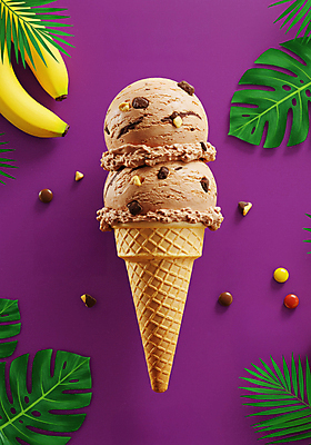 JPG 편집이미지 잎 바나나 사람없음 초콜릿 보라색 아이스크림콘 콘아이스크림 편집실사 AI컴퓨터그래픽 AI콘텐츠 식물 컬러 과일 아이스크림 디저트 CG 콘 파일형식