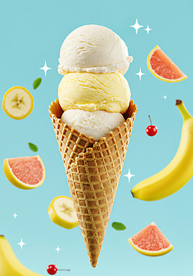 JPG 편집이미지 하늘색 잎 바나나 사람없음 반짝임 체리 자몽 아이스크림콘 콘아이스크림 편집실사 AI컴퓨터그래픽 AI콘텐츠 식물 과일 모션 아이스크림 파란색 CG 콘 파일형식