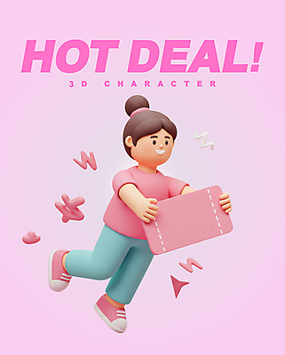 전신 PSD 편집이미지 여자 분홍색 3D캐릭터 한명 미소 들기 성인 3D 쿠폰 다리들기 핫세일 성인여자한명만 편집3D 캐릭터 1 컬러 모션 표정 사람 세일 디지털합성 여자한명만 성인여자만 파일형식