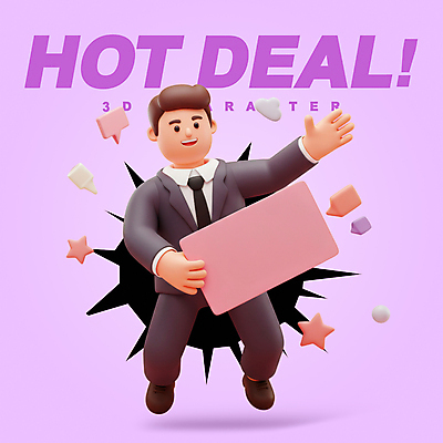 PSD 편집이미지 남자 말풍선 3D캐릭터 한명 미소 들기 정장 성인 3D 손들기 점프 보라색 구멍 쿠폰 핫세일 성인남자한명만 뚫기 편집3D 캐릭터 1 옷 컬러 모션 표정 사람 세일 디지털합성 남자한명만 성인남자만 파일형식