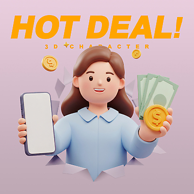 PSD 편집이미지 여자 지폐 3D캐릭터 한명 미소 들기 상반신 성인 스마트폰 3D 달러 동전 연보라색 핫세일 성인여자한명만 편집3D 캐릭터 1 돈 모션 표정 사람 핸드폰 스마트기기 세일 보라색 디지털합성 여자한명만 성인여자만 파일형식