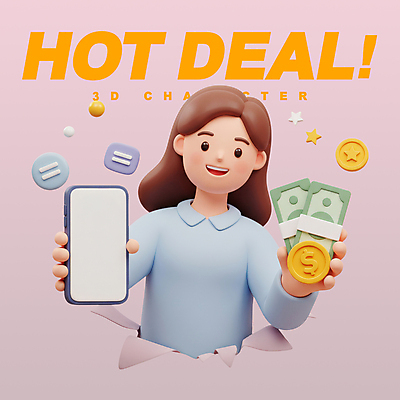 PSD 편집이미지 여자 지폐 3D캐릭터 한명 미소 들기 상반신 성인 스마트폰 3D 달러 동전 돈다발 연보라색 핫세일 성인여자한명만 편집3D 캐릭터 1 돈 모션 표정 사람 핸드폰 스마트기기 세일 보라색 디지털합성 여자한명만 성인여자만 파일형식