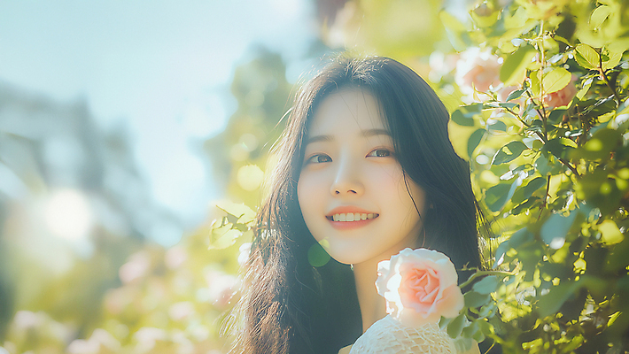 JPG 편집이미지 여자 잎 한명 미소 상반신 성인 햇빛 장미 향기 의료성형뷰티 성인여자한명만 편집실사 AI인물포토 AI콘텐츠 식물 1 꽃 표정 사람 태양 CG 냄새 여자한명만 성인여자만 파일형식 AI포토