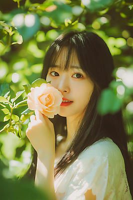 JPG 편집이미지 여자 잎 한명 미소 들기 상반신 성인 장미 향기 의료성형뷰티 성인여자한명만 편집실사 AI인물포토 AI콘텐츠 식물 1 꽃 모션 표정 사람 CG 냄새 여자한명만 성인여자만 파일형식 AI포토