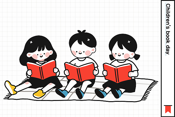 전신 여자 남자 어린이 일러스트 미소 들기 앉기 소녀 소년 책 세명 독서 카펫 어린이만 국내일러스트 AI파일 모션 표정 사람 파일형식 벡터