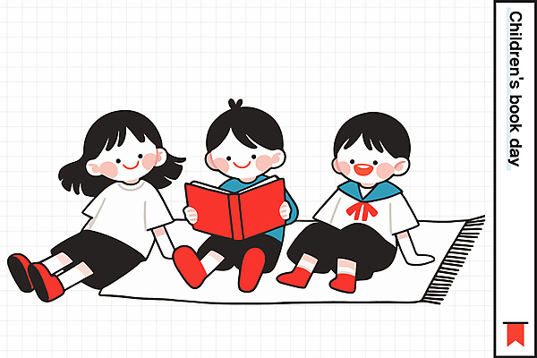 전신 여자 남자 어린이 일러스트 미소 들기 앉기 소녀 소년 책 세명 독서 카펫 어린이만 국내일러스트 AI파일 모션 표정 사람 파일형식 벡터