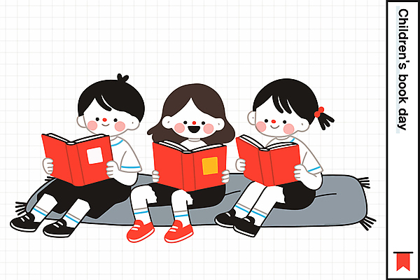 전신 여자 남자 어린이 일러스트 방석 미소 들기 앉기 소녀 소년 책 세명 독서 어린이만 국내일러스트 AI파일 모션 표정 사람 파일형식 벡터