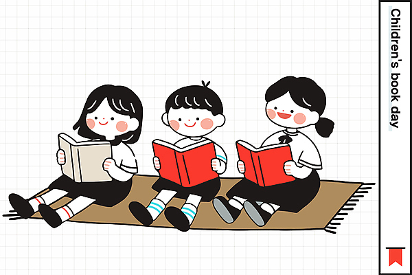 전신 여자 남자 어린이 일러스트 미소 들기 앉기 소녀 소년 책 세명 독서 카펫 어린이만 국내일러스트 AI파일 모션 표정 사람 파일형식 벡터