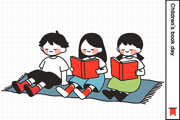 전신 여자 남자 어린이 일러스트 미소 들기 앉기 소녀 소년 책 세명 독서 눈감음 카펫 어린이만 국내일러스트 AI파일 모션 표정 사람 파일형식 벡터