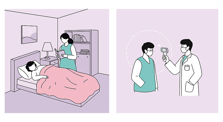 여자 남자 일러스트 베개 책장 병원 마스크 들기 여러명 상반신 성인 책 눕기 보라색 침실 이불 침대 스탠드 의사가운 체온계 간호 서랍장 주머니손 24시간 체온측정 얼굴없음 성인만 국내일러스트 AI파일 컬러 가구 다수 의학 침구 모션 조명 사람 의사 시간 가운 온도계 측정 파일형식 벡터