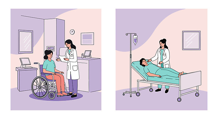 전신 여자 분홍색 액자 일러스트 탁자 병원 들기 앉기 여러명 성인 눕기 손들기 모니터 보라색 환자 키보드 의사가운 링거 휠체어 문서 24시간 링거걸이 병원침대 진료실 성인여자만 국내일러스트 AI파일 컬러 가구 다수 의학 의료기기 모션 사람 컴퓨터 진료 의사 침대 시간 가운 여자만 성인만 파일형식 벡터