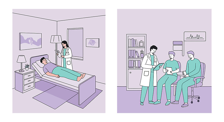 전신 여자 남자 일러스트 회의 책장 병원 들기 앉기 여러명 성인 눕기 보라색 침실 침대 스탠드 의사가운 간호 서랍장 문서 24시간 바퀴의자 차트보드 성인만 국내일러스트 AI파일 컬러 가구 다수 의자 비즈니스 의학 모션 조명 사람 의사 시간 가운 파일형식 벡터