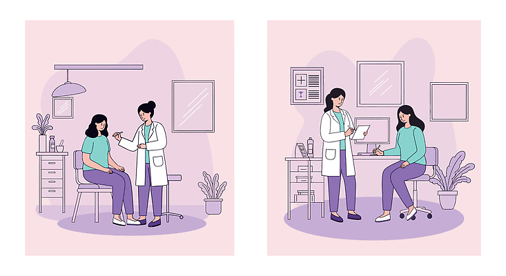 전신 식물 여자 화분 분홍색 액자 일러스트 탁자 전등 병원 미소 들기 앉기 여러명 성인 펜 모니터 보라색 진료 환자 서랍장 문서 24시간 바퀴의자 성인여자만 국내일러스트 AI파일 컬러 가구 다수 의자 의학 모션 조명 표정 사람 컴퓨터 필기구 시간 여자만 성인만 파일형식 벡터