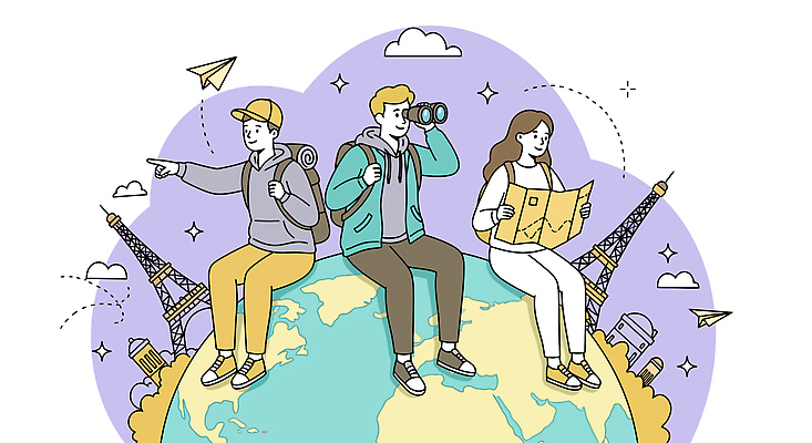 전신 구름 응시 여자 남자 지구 해외여행 지도 일러스트 배낭 미소 들기 앉기 성인 세명 반짝임 청춘 보라색 망원경 가리킴 잡기 에펠탑 종이비행기 캡모자 성인만 국내일러스트 AI파일 자연요소 모자_잡화 해외 시선 컬러 여행 컨셉 가방 모션 표정 사람 손짓 종이접기 파리 랜드마크 파일형식 벡터