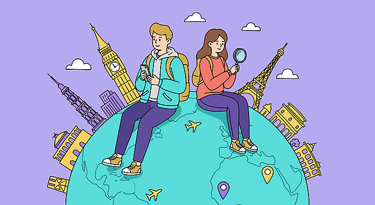 전신 구름 여자 남자 지구 해외여행 일러스트 배낭 돋보기 비행기 미소 들기 앉기 성인 두명 파란색 스마트폰 청춘 보라색 에펠탑 빅벤 GPS 성인만 국내일러스트 AI파일 자연요소 해외 컬러 여행 컨셉 가방 항공교통 모션 대중교통 표정 사람 핸드폰 스마트기기 시계탑 런던 파리 랜드마크 파일형식 벡터