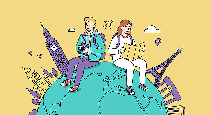 전신 나무 구름 여자 남자 지구 해외여행 지도 일러스트 배낭 미소 들기 앉기 성인 두명 청춘 노란색 망원경 빅벤 GPS 랜드마크 성인만 국내일러스트 AI파일 자연요소 식물 해외 컬러 여행 컨셉 가방 모션 표정 사람 시계탑 런던 파일형식 벡터