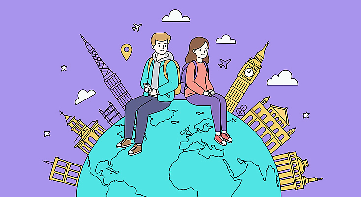 전신 구름 여자 남자 지구 해외여행 일러스트 배낭 비행기 미소 들기 앉기 성인 두명 스마트폰 청춘 보라색 빅벤 GPS 랜드마크 성인만 국내일러스트 AI파일 자연요소 해외 컬러 여행 컨셉 가방 항공교통 모션 대중교통 표정 사람 핸드폰 스마트기기 시계탑 런던 파일형식 벡터
