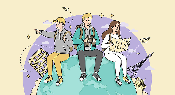 전신 구름 여자 남자 지구 해외여행 지도 일러스트 배낭 미소 들기 앉기 성인 세명 반짝임 청춘 망원경 가리킴 에펠탑 종이비행기 콜로세움 베이지색 캡모자 성인만 국내일러스트 AI파일 자연요소 모자_잡화 해외 컬러 여행 컨셉 가방 모션 표정 사람 손짓 로마 종이접기 파리 랜드마크 파일형식 벡터