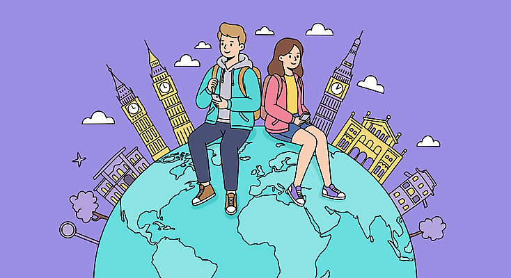 전신 나무 구름 여자 남자 지구 해외여행 일러스트 배낭 미소 들기 앉기 성인 두명 스마트폰 청춘 보라색 빅벤 랜드마크 성인만 국내일러스트 AI파일 자연요소 식물 해외 컬러 여행 컨셉 가방 모션 표정 사람 핸드폰 스마트기기 시계탑 런던 파일형식 벡터