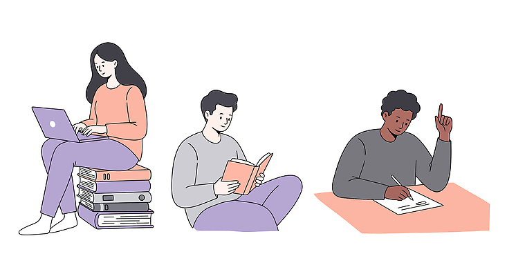 전신 여자 남자 종이 일러스트 미소 들기 앉기 상반신 성인 책 세명 노트북 독서 펜 쌓기 가리킴 타이핑 잡기 성인만 국내일러스트 AI파일 모션 표정 사람 손짓 전자제품 필기구 파일형식 벡터