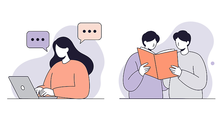 여자 남자 말풍선 일러스트 미소 들기 상반신 성인 책 세명 노트북 독서 보라색 타이핑 얼굴없음 성인만 국내일러스트 AI파일 컬러 모션 표정 사람 전자제품 파일형식 벡터