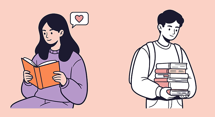 여자 남자 분홍색 말풍선 일러스트 미소 들기 앉기 성인 두명 책 독서 쌓기 하트 백팩 성인만 국내일러스트 AI파일 모양 컬러 가방 모션 표정 사람 파일형식 벡터