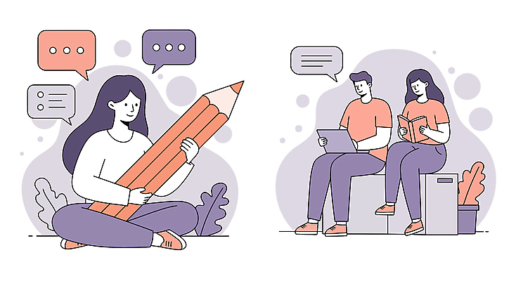 전신 여자 남자 화분 말풍선 잎 일러스트 미소 들기 앉기 성인 책 세명 노트북 상자 독서 연필 보라색 가부좌 성인만 국내일러스트 AI파일 식물 컬러 모션 학용품 표정 사람 전자제품 필기구 파일형식 벡터