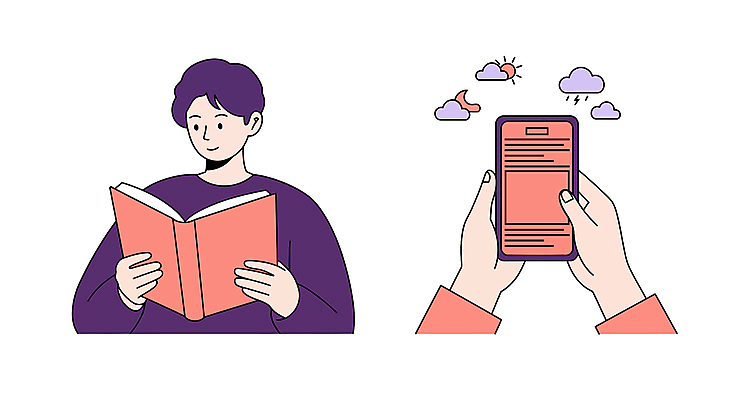 구름 손 남자 일러스트 날씨 한명 미소 들기 상반신 성인 신체부위 책 스마트폰 독서 태양 보라색 비 초승달 번개모양 성인남자한명만 코랄 국내일러스트 AI파일 자연요소 모양 1 컬러 모션 표정 사람 핸드폰 스마트기기 달 번개 남자한명만 성인남자만 파일형식 벡터