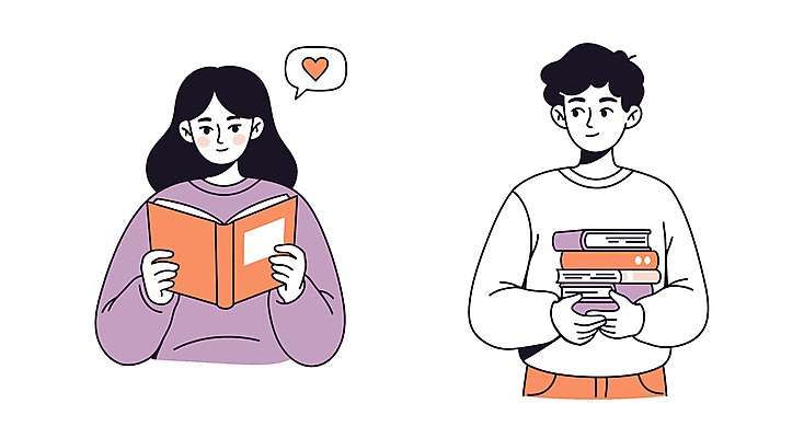 여자 남자 말풍선 일러스트 미소 들기 상반신 성인 두명 책 독서 쌓기 하트 성인만 국내일러스트 AI파일 모양 모션 표정 사람 파일형식 벡터