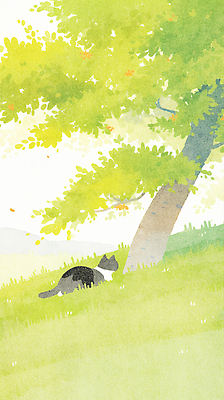JPG 나무 엎드리기 일러스트 수채화 산 잔디 사람없음 평화 귀여움 고양이 국내일러스트 AI일러스트 AI콘텐츠 식물 컨셉 포유류 모션 반려동물 파일형식