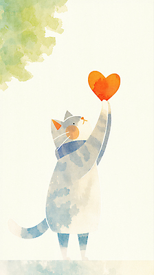 JPG 일러스트 나뭇잎 수채화 서기 들기 사람없음 평화 귀여움 고양이 하트 국내일러스트 AI일러스트 AI콘텐츠 모양 컨셉 잎 포유류 모션 반려동물 파일형식