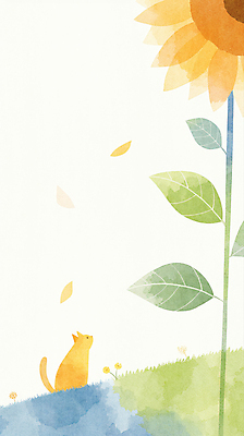 JPG 응시 잎 일러스트 해바라기 수채화 잔디 사람없음 평화 귀여움 고양이 국내일러스트 AI일러스트 AI콘텐츠 식물 시선 꽃 컨셉 포유류 반려동물 파일형식