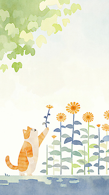 JPG 잎 일러스트 나뭇잎 해바라기 수채화 서기 들기 잔디 사람없음 평화 귀여움 고양이 국내일러스트 AI일러스트 AI콘텐츠 식물 꽃 컨셉 포유류 모션 반려동물 파일형식