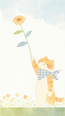 JPG 일러스트 해바라기 수채화 서기 들기 잔디 사람없음 평화 귀여움 스카프 고양이 국내일러스트 AI일러스트 AI콘텐츠 식물 꽃 컨셉 포유류 모션 반려동물 목도리 파일형식