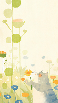 JPG 잎 꽃밭 일러스트 수채화 들기 사람없음 평화 귀여움 고양이 국내일러스트 AI일러스트 AI콘텐츠 식물 꽃 컨셉 포유류 모션 반려동물 파일형식