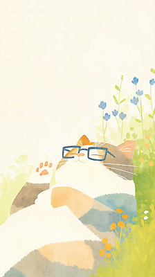 JPG 꽃밭 일러스트 수채화 잔디 사람없음 눕기 평화 귀여움 눈감음 고양이 낮잠 안경낌 국내일러스트 AI일러스트 AI콘텐츠 식물 꽃 안경 컨셉 포유류 모션 반려동물 잠 파일형식