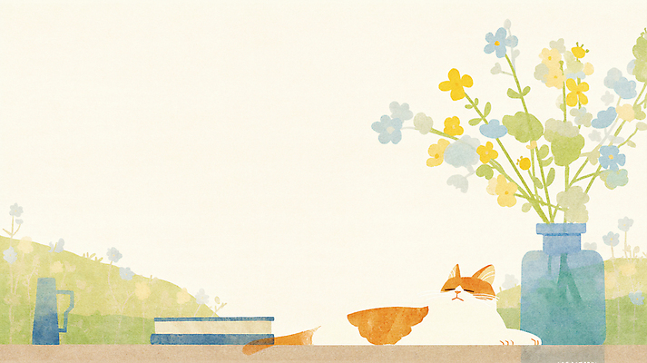 JPG 엎드리기 일러스트 수채화 잔디 사람없음 책 평화 귀여움 눈감음 꽃병 고양이 낮잠 국내일러스트 AI일러스트 AI콘텐츠 식물 꽃 컨셉 포유류 모션 반려동물 잠 파일형식