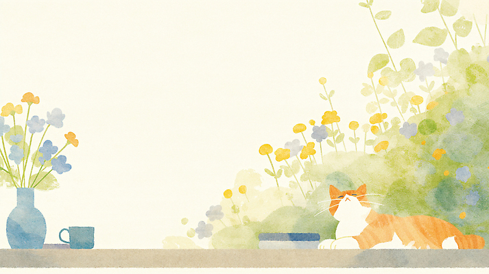 JPG 엎드리기 꽃밭 일러스트 수채화 잔디 사람없음 컵 평화 귀여움 눈감음 꽃병 고양이 낮잠 국내일러스트 AI일러스트 AI콘텐츠 식물 식기 꽃 컨셉 포유류 모션 반려동물 잠 파일형식