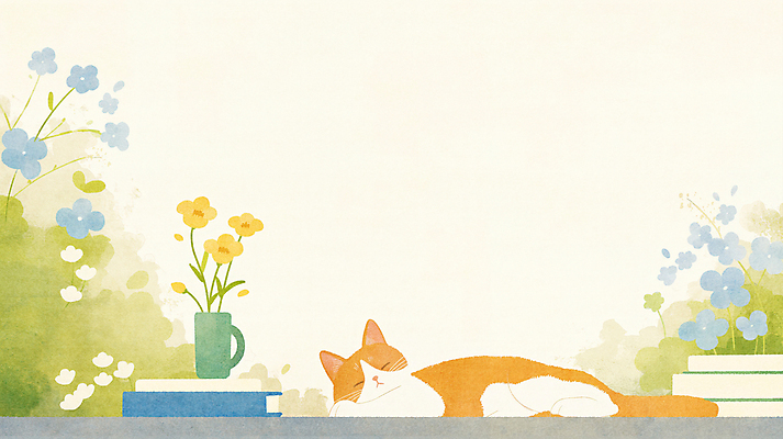 JPG 엎드리기 일러스트 수채화 사람없음 책 쌓기 평화 귀여움 눈감음 꽃병 고양이 풀 낮잠 국내일러스트 AI일러스트 AI콘텐츠 식물 꽃 컨셉 포유류 모션 반려동물 잠 파일형식