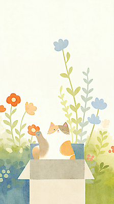 JPG 꽃 일러스트 수채화 잔디 사람없음 상자 손들기 평화 귀여움 고양이 국내일러스트 AI일러스트 AI콘텐츠 식물 컨셉 포유류 모션 반려동물 파일형식