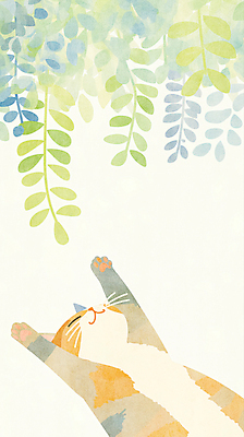 JPG 일러스트 나뭇잎 수채화 사람없음 눕기 평화 귀여움 눈감음 고양이 낮잠 국내일러스트 AI일러스트 AI콘텐츠 컨셉 잎 포유류 모션 반려동물 잠 파일형식