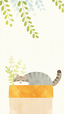 JPG 엎드리기 일러스트 나뭇잎 수채화 사람없음 상자 평화 귀여움 눈감음 고양이 낮잠 국내일러스트 AI일러스트 AI콘텐츠 컨셉 잎 포유류 모션 반려동물 잠 파일형식