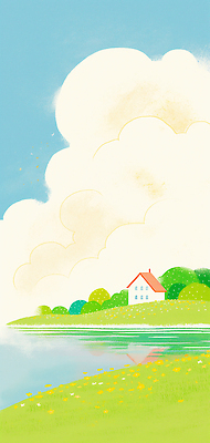 JPG 구름 호수 꽃밭 일러스트 자연 하늘 주택 잔디 사람없음 반사 봄풍경 풀 국내일러스트 AI일러스트 AI콘텐츠 자연요소 식물 꽃 풍경 건물 봄 생태계 파일형식