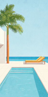 JPG 바다 일러스트 하늘 수영장 사람없음 파란색 야자수 선베드 국내일러스트 AI일러스트 AI콘텐츠 나무 컬러 의자 파일형식