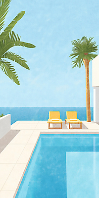 JPG 바다 일러스트 하늘 수영장 사람없음 파란색 야자수 선베드 국내일러스트 AI일러스트 AI콘텐츠 나무 컬러 의자 파일형식
