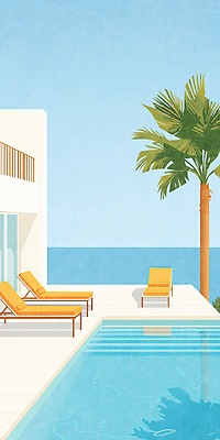 JPG 바다 일러스트 하늘 수영장 사람없음 파란색 야자수 반사 선베드 국내일러스트 AI일러스트 AI콘텐츠 나무 컬러 의자 파일형식