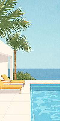 JPG 바다 일러스트 탁자 하늘 수영장 사람없음 파란색 야자수 풀 선베드 국내일러스트 AI일러스트 AI콘텐츠 나무 식물 컬러 가구 의자 파일형식